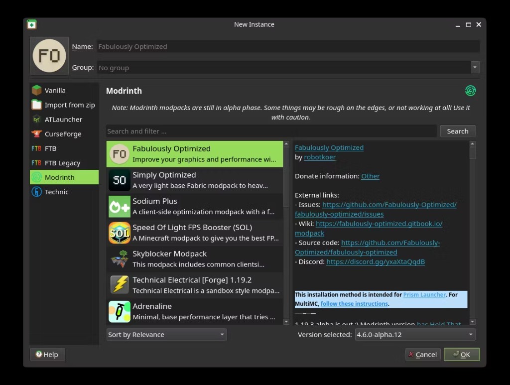 Browsing Modrinth and CurseForge modpacks inside Prism Launcher