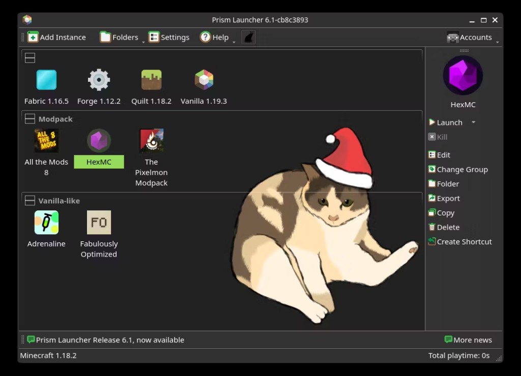 Prism Launcher instance library with grouped modpacks and custom visual accents