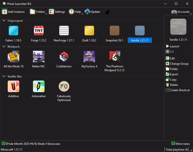 Prism Launcher hub listing isolated Minecraft instances