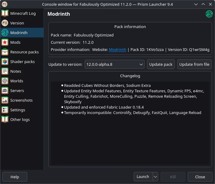 Updating a modpack inside an isolated Minecraft instance